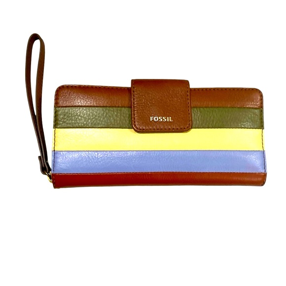 Fossil Women's Striped Leather Wristlet - Brown, Green, Yellow, Blue - Picture 1 of 4